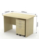 Labeled dimensions diagram of Full Maple rectangular office desk with fixed pedestal, showing length, depth, and height measurements.