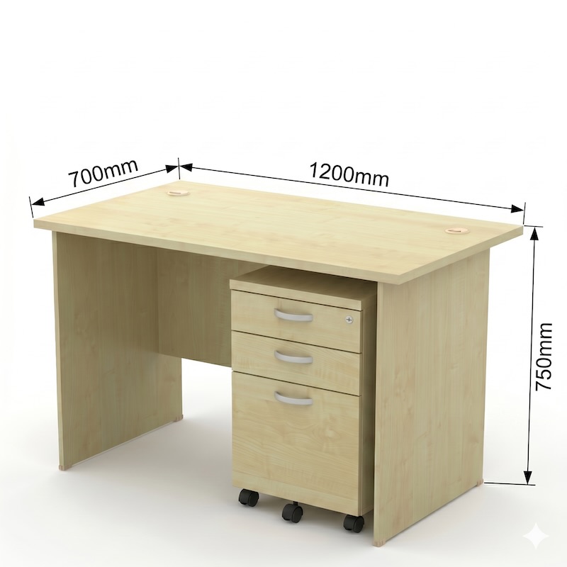 Labeled dimensions diagram of Full Maple rectangular office desk with fixed pedestal, showing length, depth, and height measurements.