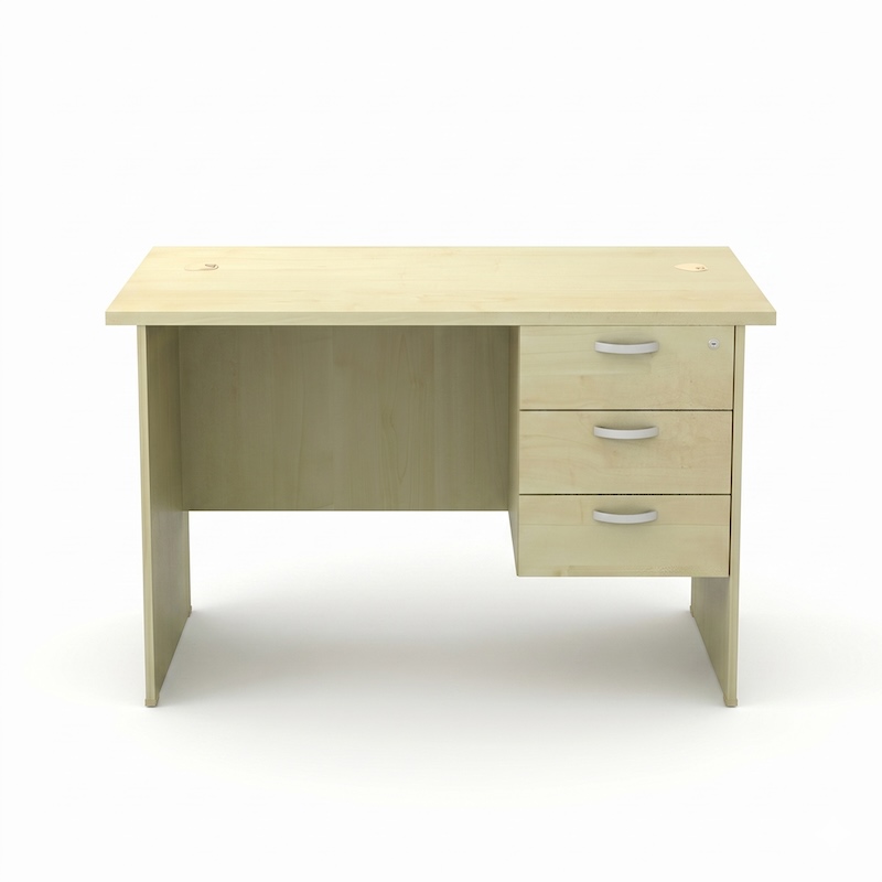 Front view of Full Maple rectangular office desk with 3 drawers fixed pedestal.