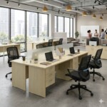 Open-plan office layout featuring two sets of 4-seater clusters using Full Maple rectangular desks with glass privacy dividers.