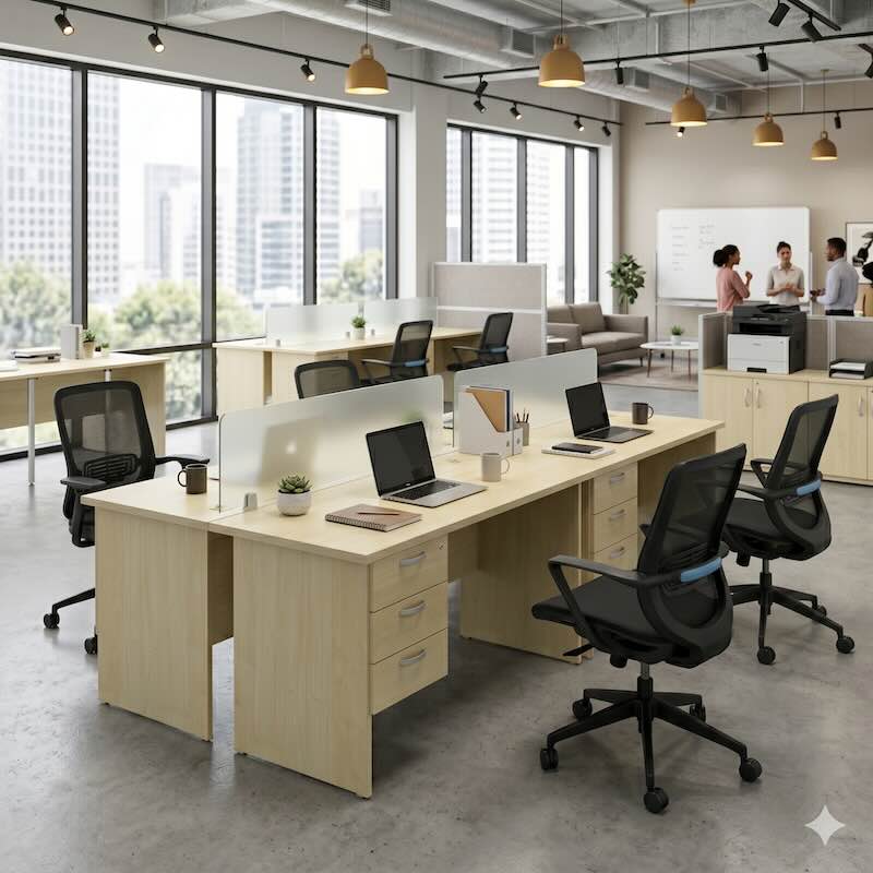 Open-plan office layout featuring two sets of 4-seater clusters using Full Maple rectangular desks with glass privacy dividers.
