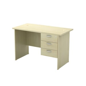 Full Maple rectangular office desk 1.2m with 3 drawers fixed pedestal, showing the front and side angle view.