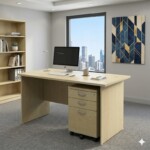 Modern office room setting featuring a Full Maple rectangular desk with a 2 drawers and 1 filing mobile pedestal.