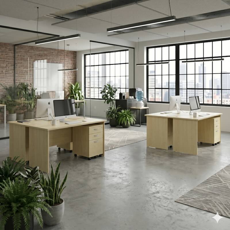 Corporate office setup featuring a cluster layout of two Full Maple rectangular desks with mobile pedestals.