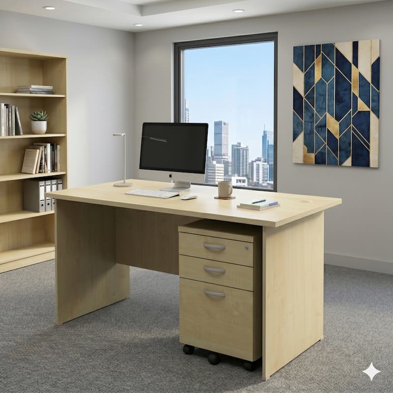 Modern office room setting featuring a Full Maple rectangular desk with a 2 drawers and 1 filing mobile pedestal.
