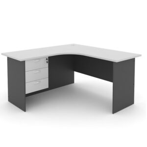 L-shaped desk in light grey with fixed pedestal on left side of the desk