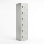 A slim, light grey six-door steel locker featuring six equal-sized compartments, each with a secure key lock and air ventilation louvres.
