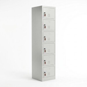 A slim, light grey six-door steel locker featuring six equal-sized compartments, each with a secure key lock and air ventilation louvres.