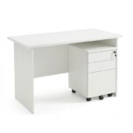 Front and side view of a 1.2m modern white rectangular office desk set, featuring a scratch-resistant worktop and a matching 3-drawer mobile pedestal underneath.
