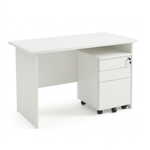 Front and side view of a 1.2m modern white rectangular office desk set, featuring a scratch-resistant worktop and a matching 3-drawer mobile pedestal underneath.
