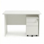 Straight-on front view of the 1.2m white rectangular office desk, highlighting the clean front modesty panel and the included 3-drawer mobile pedestal stored underneath.