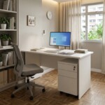 A modern home study room featuring the 1.2m white rectangular office desk set, demonstrating its compact footprint and practical workspace with the included mobile pedestal.