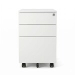 Front view of the iSimply white steel mobile pedestal showing three drawers, a secure central lockset with keys, and a minimalist handle-free design on a clean white background.