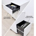 Split view of iSimply mobile pedestal interiors: top drawer featuring a removable black plastic stationery tray and bottom filing drawer equipped with suspended expandable pocket files for A4 document organisation.