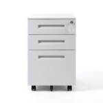 Front view of the iSimply white steel mobile pedestal showing three drawers with centered recessed handles, a top-right central lock, and a professional 600mm tall profile on a white background.