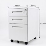 Technical dimension diagram of the iSimply white steel mobile pedestal with recessed handles, showing a width of 390mm, depth of 500mm, and a total height of 600mm.