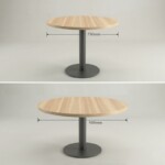 Comparison image of two round discussion tables showing the 750mm diameter size next to the 900mm diameter size to demonstrate scale and seating capacity.