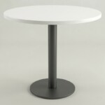 Modern round discussion table with white laminate top and dark grey metal pedestal base for Singapore office huddle rooms.