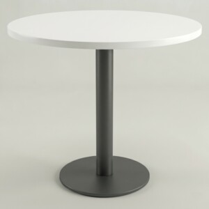 Modern round discussion table with white laminate top and dark grey metal pedestal base for Singapore office huddle rooms.