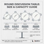 Technical drawing showing round discussion table sizes from 600mm to 1000mm with seating capacity for 2 to 5 pax. Includes details on white laminate top and dark grey pedestal base.