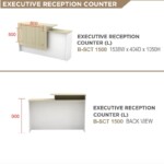 Technical drawing and photo of the SL Series 1.5m left reception counter showing front and rear views with annotated dimensions of W1540mm x D864mm.