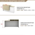 Front and rear technical view of the SL Series 1.8m left reception counter with dimension labels showing W1840mm x D864mm and dual 1050mm/750mm heights