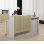 A 45-degree visitor view of the SL Series 1.8m left-side reception counter in Boras Ash and White, featuring a dual-height design in a modern office setting.
