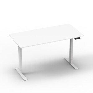 A high-angle, three-quarter view of a modern standing desk. The shot looks down at a 45-degree angle, showing the spacious rectangular desktop and the T-frame leg structure. A discreet single-motor housing is visible beneath the surface, emphasising a clean, cable-free aesthetic.