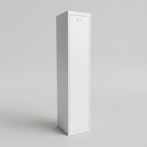 A tall, light grey single-door steel locker featuring a full-height compartment with louvered air vents and a secure key lock.