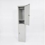 A light grey two-compartment locker with the top door open, demonstrating the large interior capacity for bulky items and apparel.