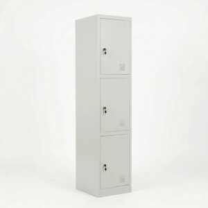 Front view of a tall three-compartment light grey steel locker with three vertical doors, each featuring air vents and an individual key lock.