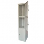 Front view of a tall three-compartment light grey steel locker with three vertical doors, each featuring air vents and an individual key lock.