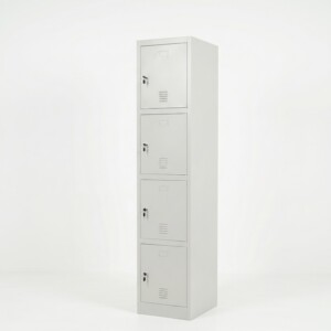 A slim, light grey four-door steel locker featuring four equal-sized compartments with louvered vents and individual key locks on a white background.