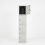 A four-tier light grey steel locker with one door open, showing a spacious interior compartment suitable for larger personal items.