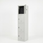 A four-tier light grey steel locker with one door open, showing a spacious interior compartment suitable for larger personal items.