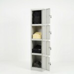 Four-tier light grey steel locker with open doors, showing spacious interior compartment suitable for larger personal items.