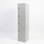 Front view of a tall five-compartment light grey steel locker featuring louvered air vents on each door and individual key locks, set against a clean professional background.