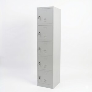 Front view of a tall five-compartment light grey steel locker featuring louvered air vents on each door and individual key locks, set against a clean professional background.