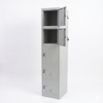 A light grey five-compartment steel locker with two doors swung open, showing the internal storage space, sturdy hinges, and individual locking mechanisms