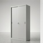 Perspective view of a minimalist light grey steel cabinet showing depth and sliding door track on a plain studio background.