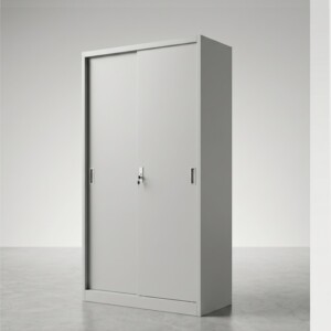 Perspective view of a minimalist light grey steel cabinet showing depth and sliding door track on a plain studio background.