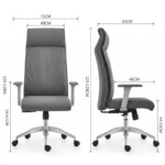 Detailed dimension guide for the front and side of the Vero PU Leather Office Chair, illustrating key measurements including an adjustable overall height of 120-128cm, seat height of 44-52cm, and armrest height of 59-67cm.