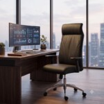 A photo of a modern high-rise office room with full-length glass windows looking out over a sprawling city skyline. A black Vero PU leather high-back ergonomic chair is positioned at a sleek wooden desk, surrounded by other modern office elements like a computer monitor and minimalist decor. Natural daylight floods the space, illuminating the chair and the impressive view.