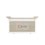 Front view of VITO System reception counter featuring a 60mm thick Boras Ash woodgrain panel and minimalist white frame.