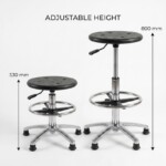 A side-by-side studio comparison of the PU Seat Adjustable Stool, showing one unit at its lowest height and another at its highest height. Dimension lines with measurement labels are displayed next to each stool to indicate the specific height range and vertical adjustment capacity.