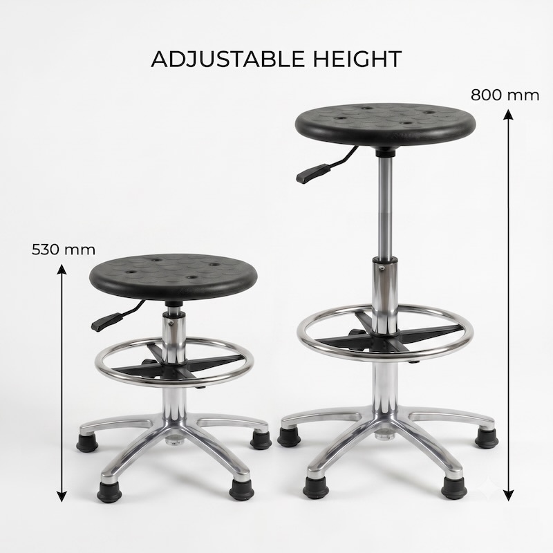 A side-by-side studio comparison of the PU Seat Adjustable Stool, showing one unit at its lowest height and another at its highest height. Dimension lines with measurement labels are displayed next to each stool to indicate the specific height range and vertical adjustment capacity.