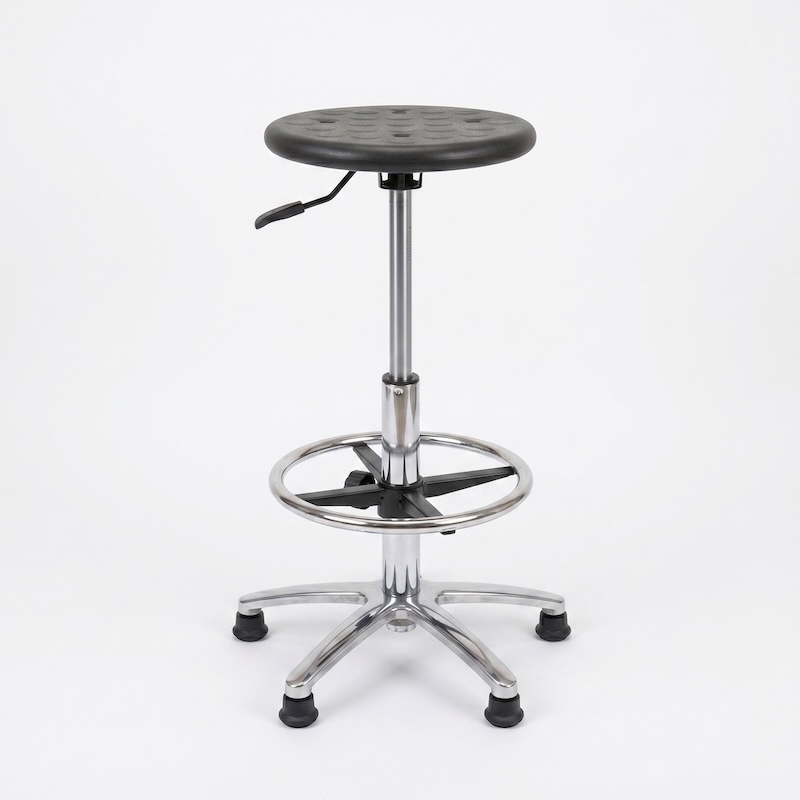A full-height studio photograph of the polyurethane seat adjustable stool shown at its maximum extension.