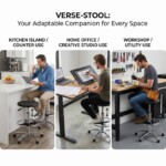 A composite image showing three distinct usage scenes for the PU Seat Adjustable Stool: a professional laboratory or clinic environment, a home workshop or garage workspace, and a high-top craft or drafting station.