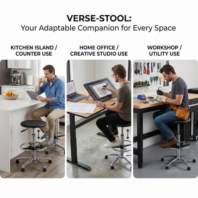 A composite image showing three distinct usage scenes for the PU Seat Adjustable Stool: a professional laboratory or clinic environment, a home workshop or garage workspace, and a high-top craft or drafting station.