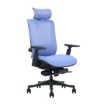 Executive working chair in black frame, blue mesh backrest, blue fabric, retractable footrest under seat, black nylon base with castors